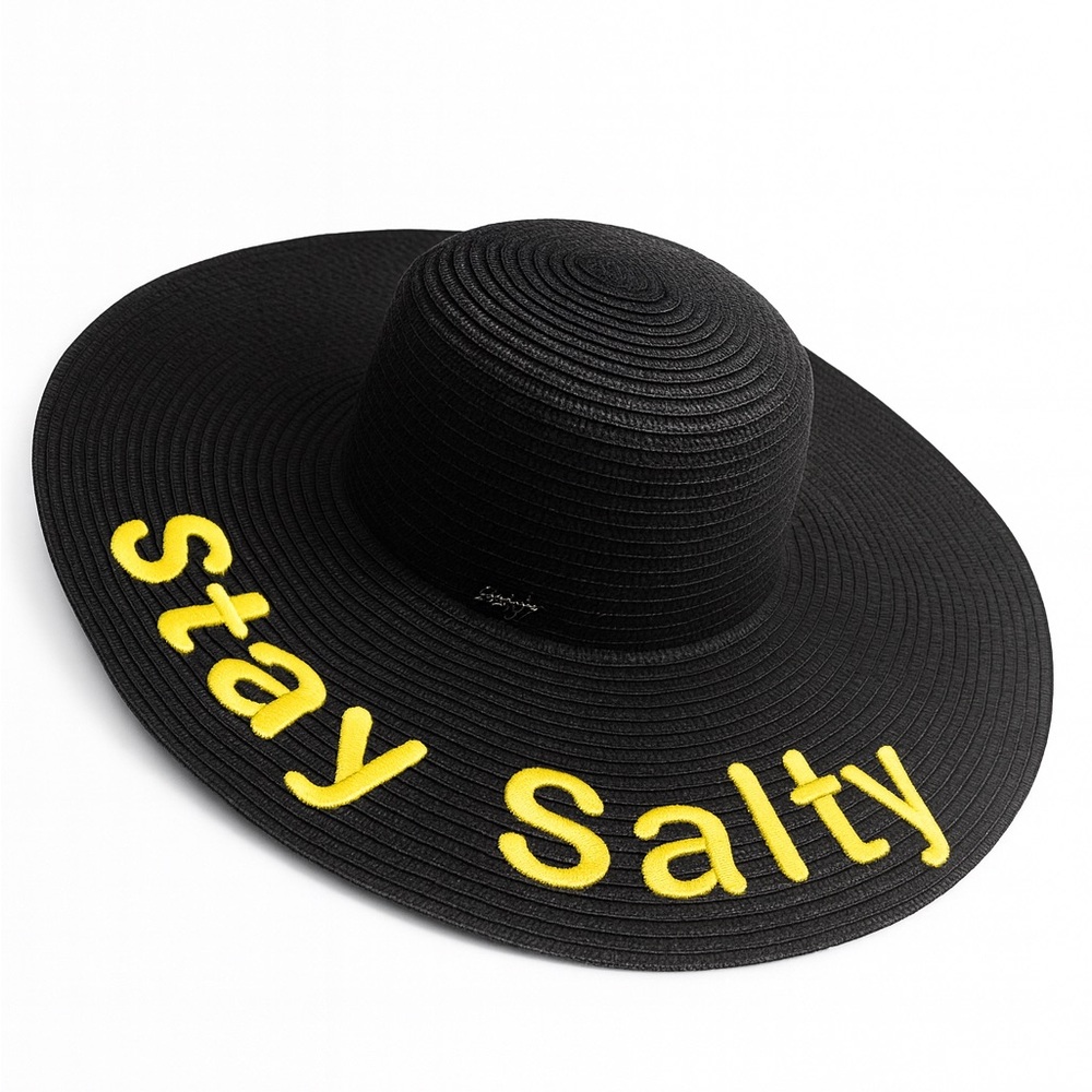 Stay Salty Wide Brim Beach Hat – Black & Yellow